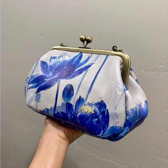 Vintage Style Handmade Cowhide Leather Lotus Print Kisslock Purse, Multi Use Bag - Picture 9 of 13